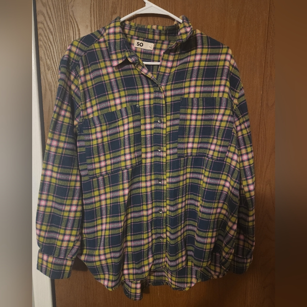 SO Vibrant Plaid Shirt in Blue, Pink, and Yellow